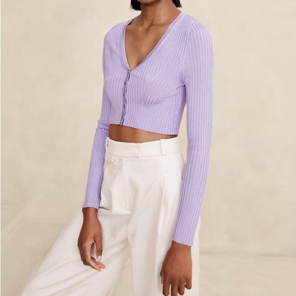NEW Banana Republic Carolina Cropped Cardigan in Purple Rose Button Front Large